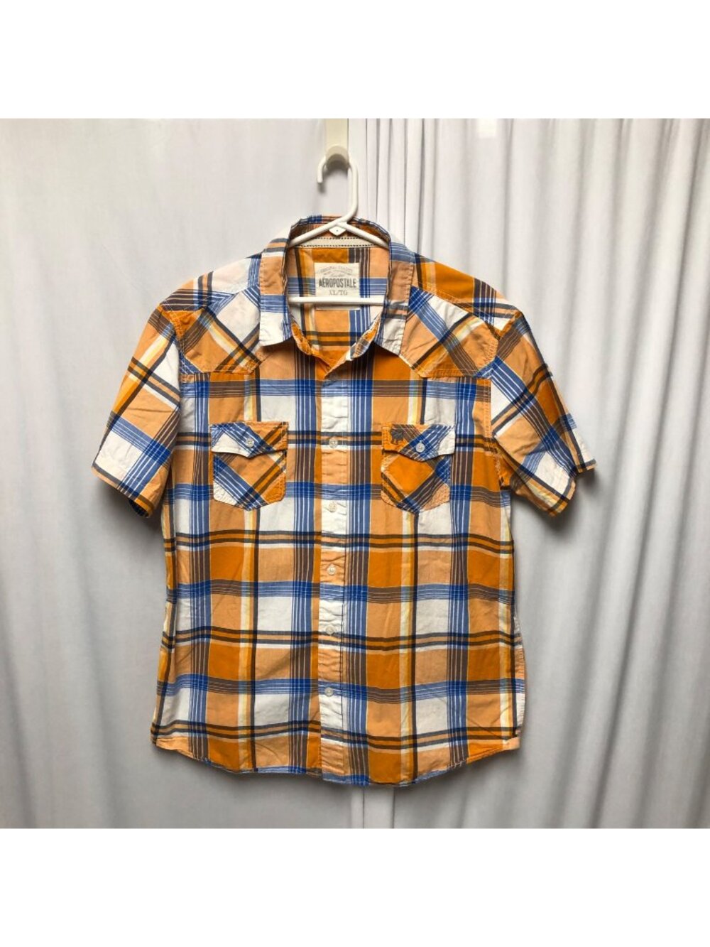 Aeropostale Western Shirt Mens Size XL Orange Blue Plaid Button Up Short Sleeve